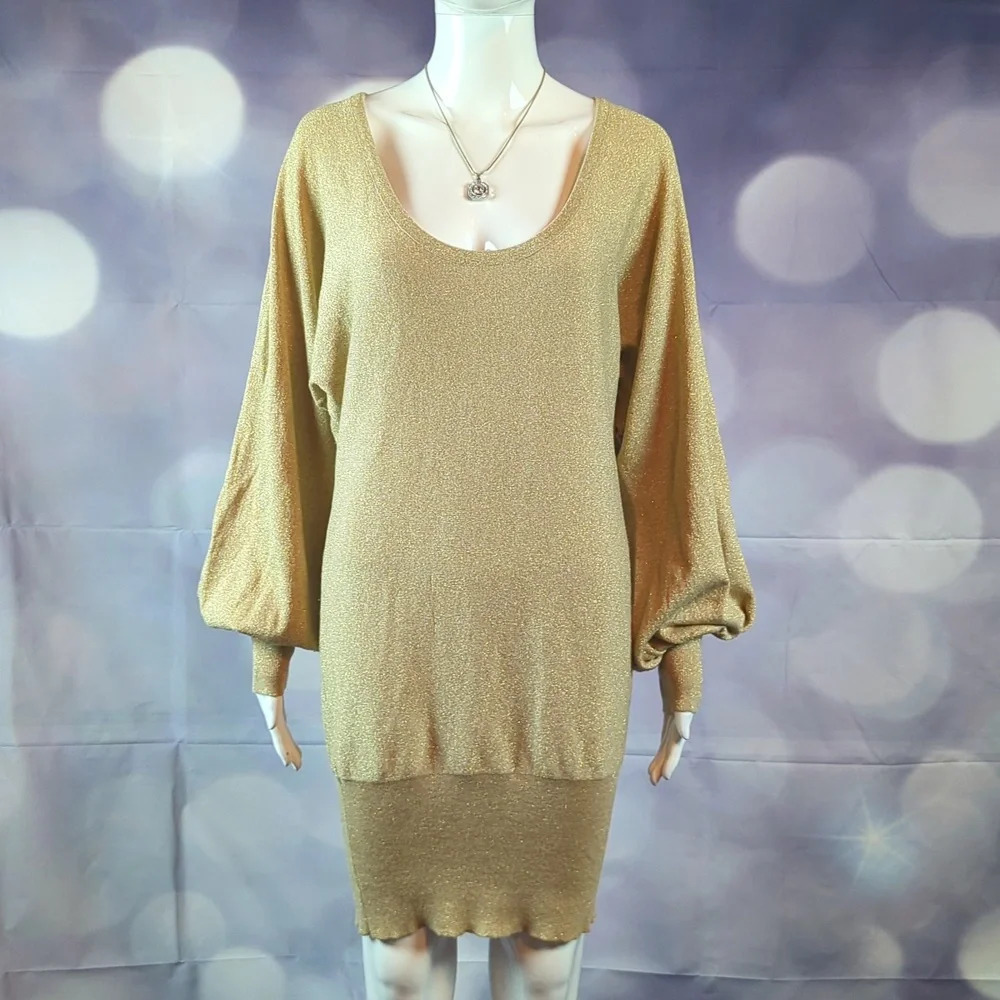 Arden B Champagne Gold Metallic Silk & Rayon  Long Sweater Dress Size: M
